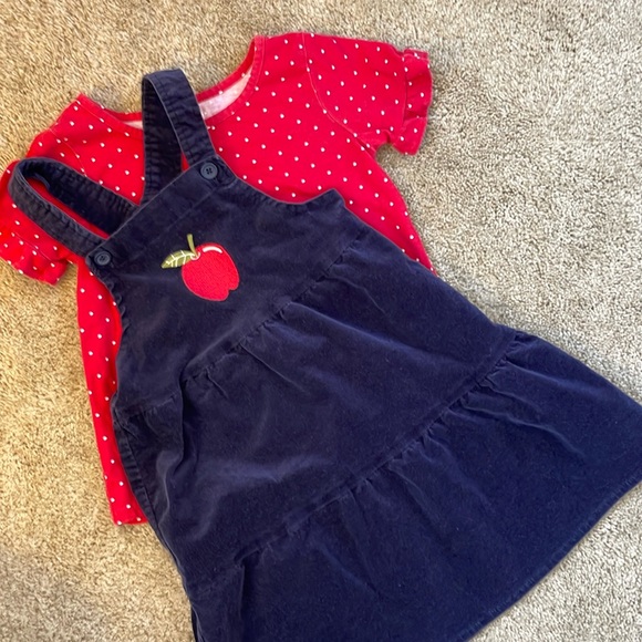 Navy Corduroy Apple Pinafore Skirtall with Polka Dot Shirt - Picture 1 of 4